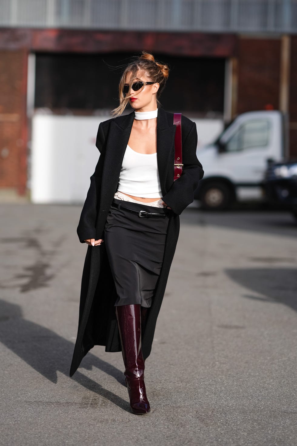Striking Black Coat with Burgundy Accents — Late Winter Outfits