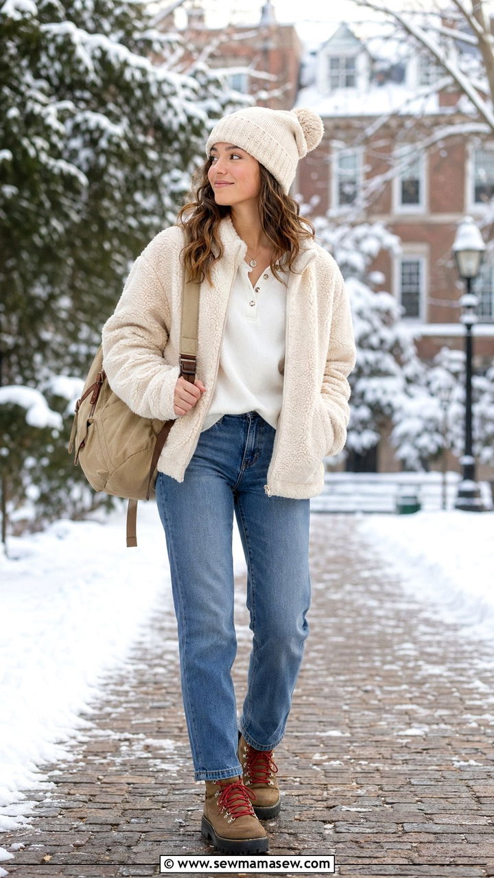 Sherpa Jacket and Hiking Boots for an Outdoorsy College Look — Winter College Outfits