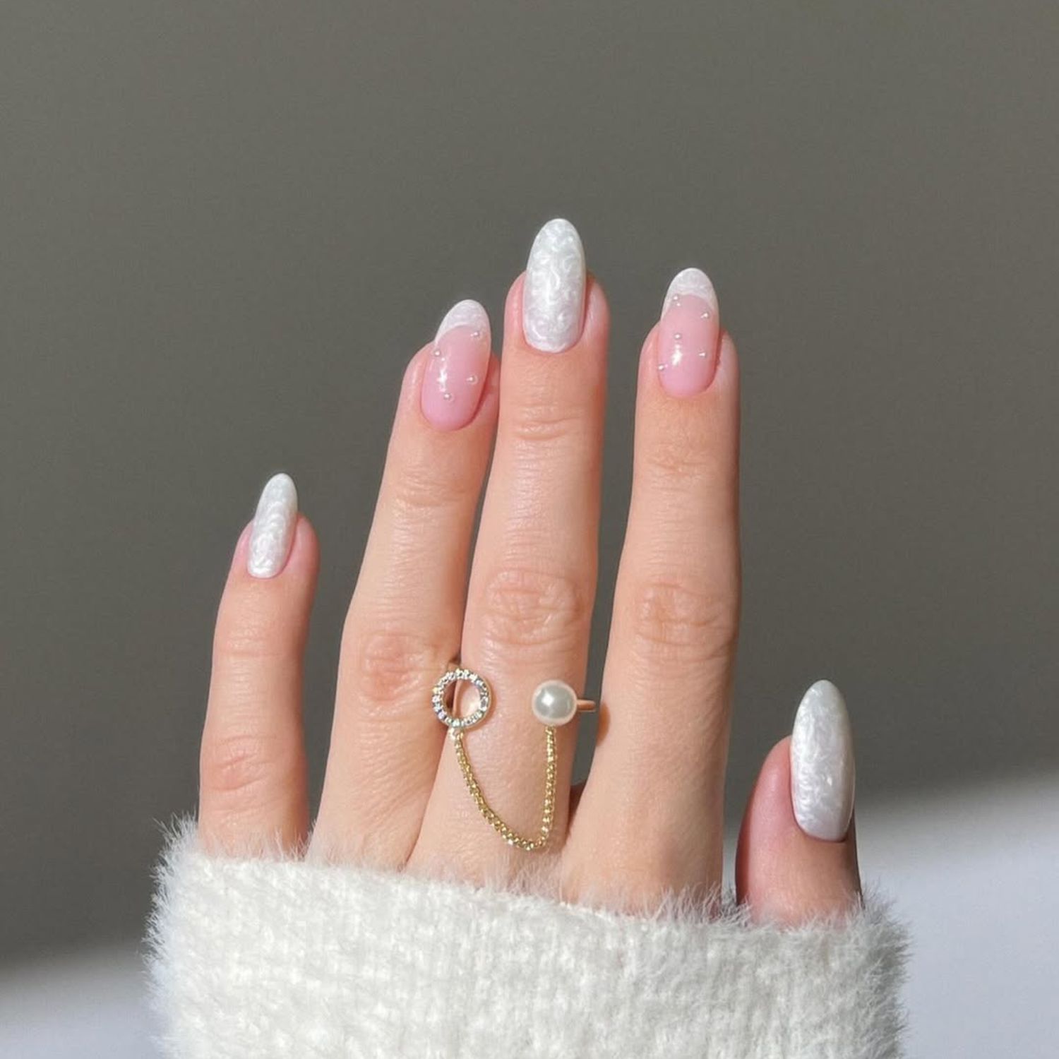 Sheer Pink Base White French Pearls Sheer Pink Base White French Pearls — Winter White Nails