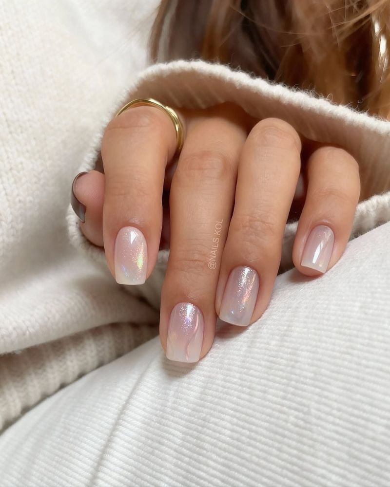 Milky White Iridescent Flake Shimmer Milky White Iridescent Flake Shimmer — Winter Squoval Nails