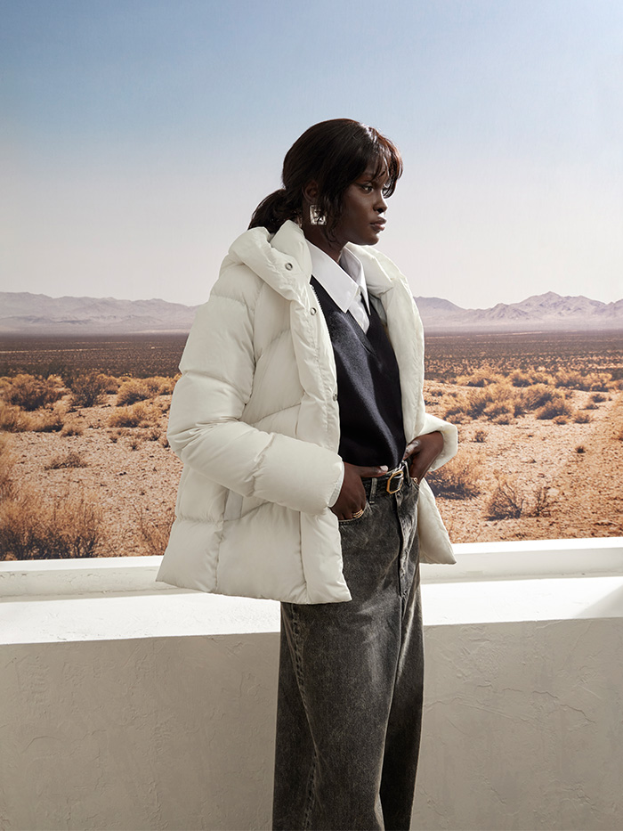 Cream Puffer Jacket Over Collared Shirt and V-Neck Sweater Cream Puffer Jacket Over Collared Shirt and V-Neck Sweater — Parka Outfits