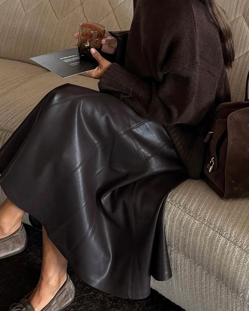 Textural Harmony: Brown Knit and Leather Midi Skirt — Minimalist Winter Outfits