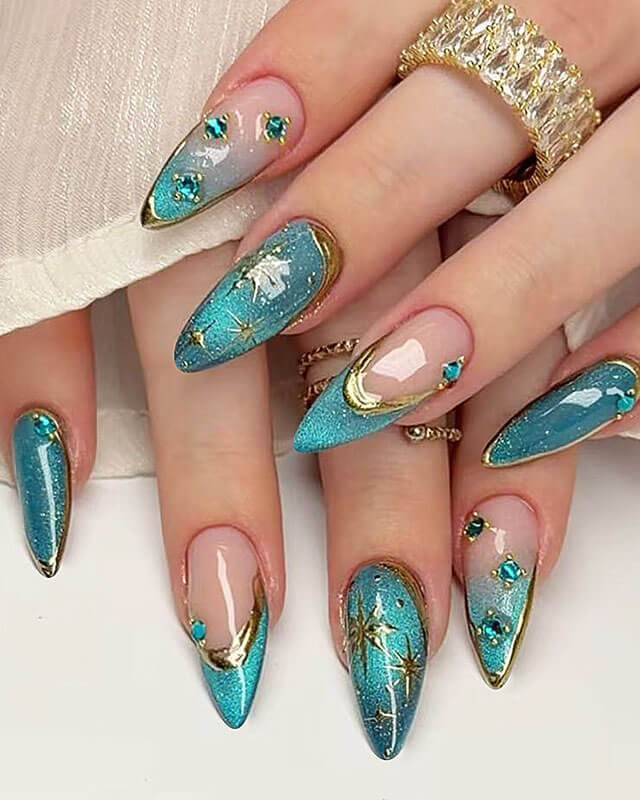 Celestial Teal Shimmer Almond Stilettos Celestial Teal Shimmer Almond Stilettos — almond nail designs