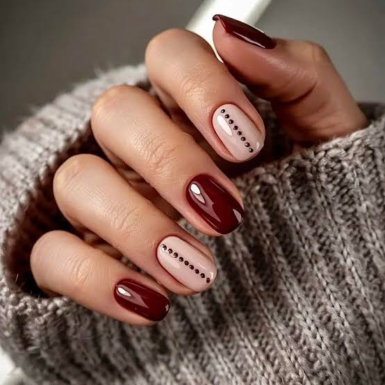 Burgundy Glossy with Nude Dot Accents Burgundy Glossy with Nude Dot Accents — Winter Nail Designs