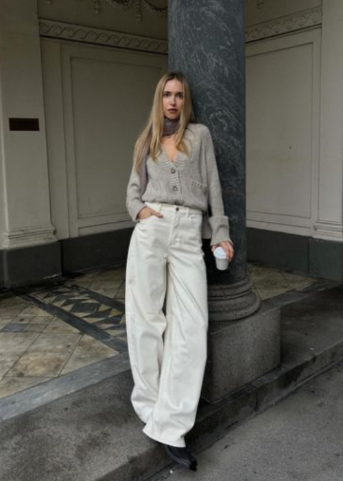 Tan Longline Cardigan Over a White Shift Dress with Leather Belt — Cardigan Outfits