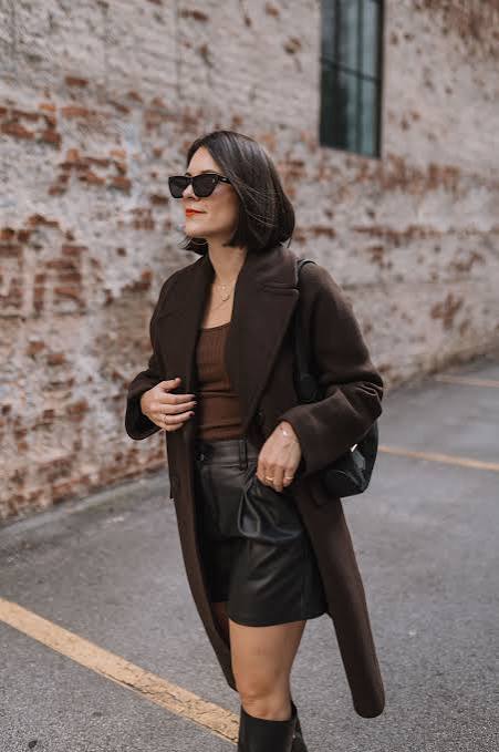Fitted Brown Coat Over Brown Top and Black Leather Shorts Fitted Brown Coat Over Brown Top and Black Leather Shorts — Brown Coat Outfits