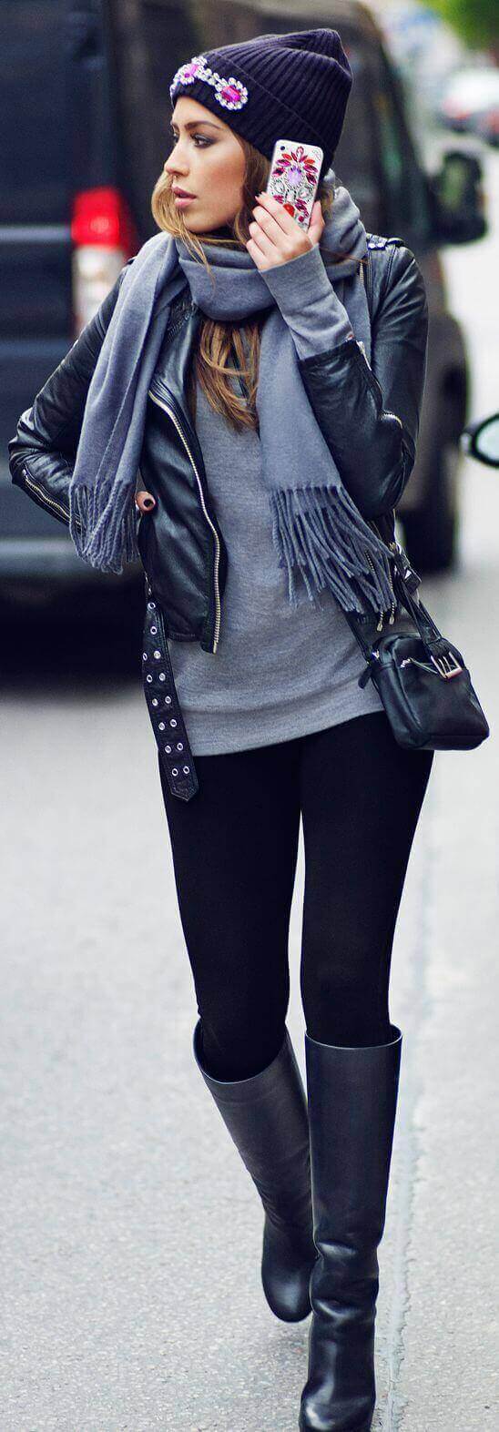 Black Leather Jacket with Grey Knit and Skinny Trousers Black Leather Jacket with Grey Knit and Skinny Trousers — Winter Outfits for Warm Weather