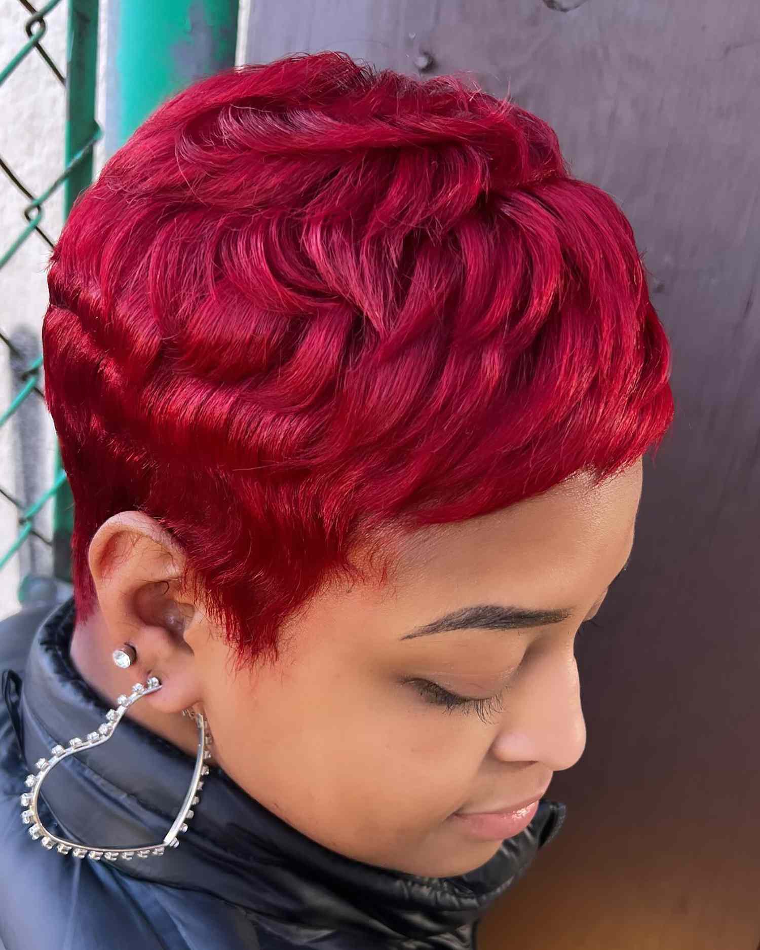 Vibrant Red Finger Wave Pixie — Winter Hair Colors for Short Hair