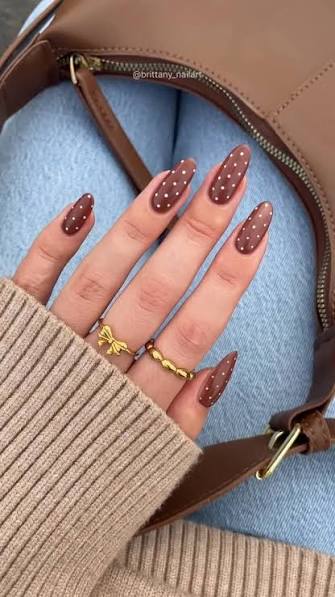 Matte Deep Brown with White Polka Dots Matte Deep Brown with White Polka Dots — brown nail designs