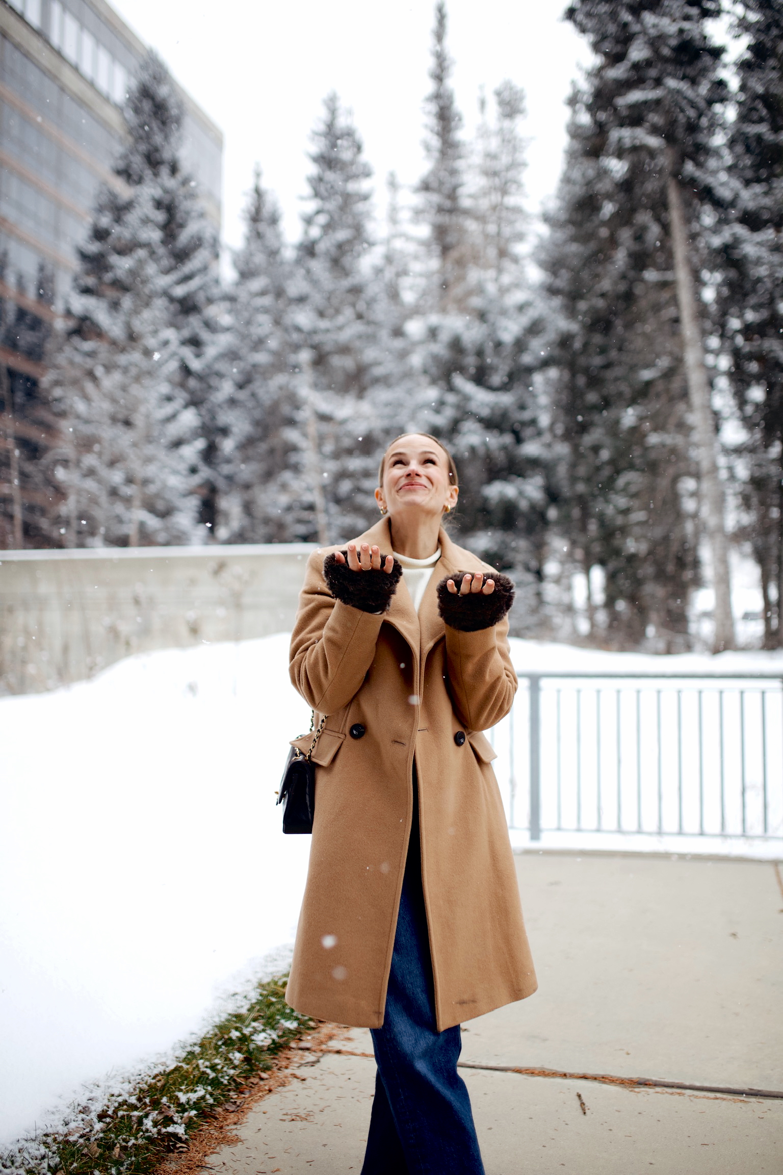 Camel Wool Coat Over a White Turtleneck and Wide-Leg Jeans Camel Wool Coat Over a White Turtleneck and Wide-Leg Jeans — Cold Weather Outfits