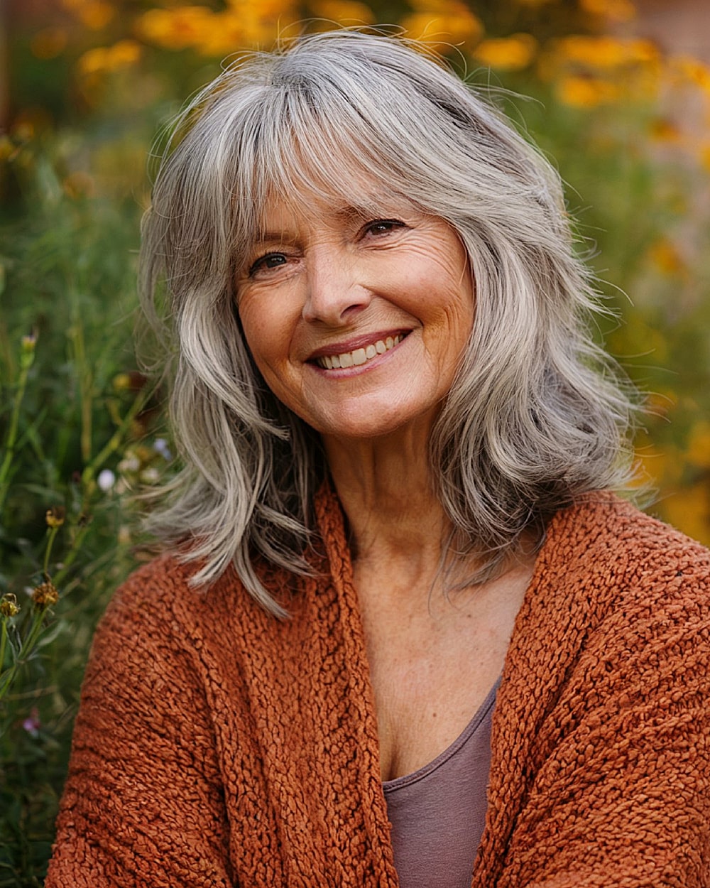 Layered Lob With Soft Curtain Bangs Layered Lob With Soft Curtain Bangs — Winter Haircuts for Women Over 70