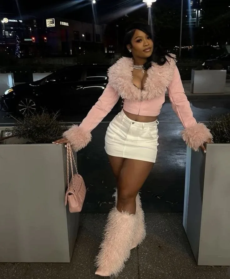 Playful Pink Faux Fur Jacket with a Mini Skirt — Baddie Winter Outfits