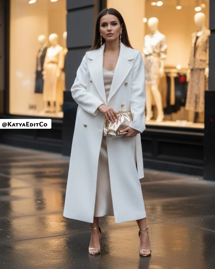 Elegant White Coat Over Cream Satin Slip Dress Elegant White Coat Over Cream Satin Slip Dress — Winter Date Night Outfits