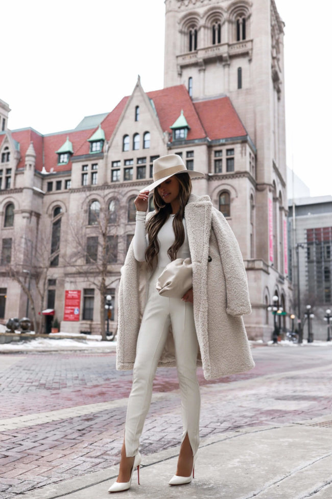 Teddy Coat Over White Top and Split-Leg Pants — Winter White Outfits