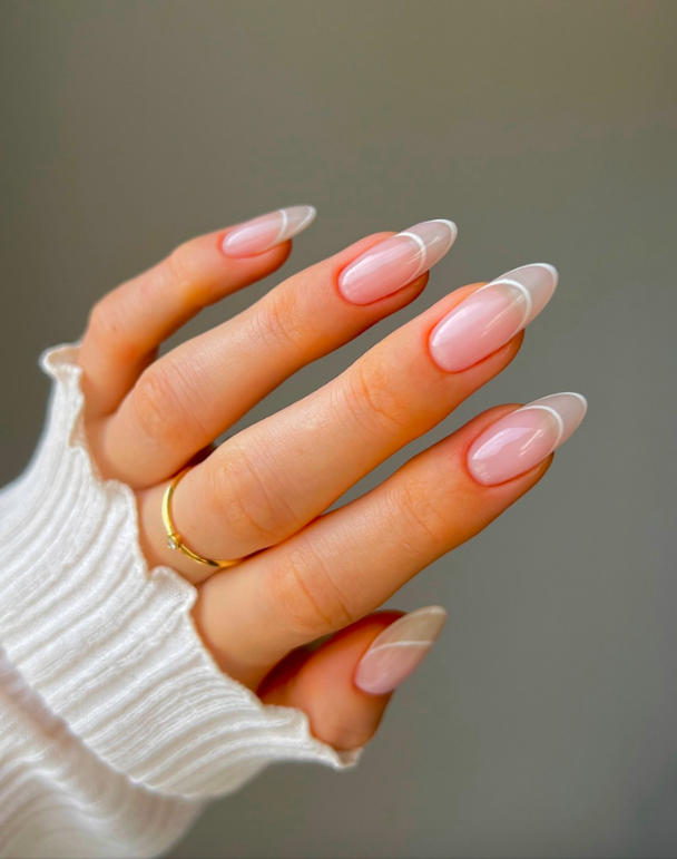Opaque White French Medium Oval — Winter French Tip Nails
