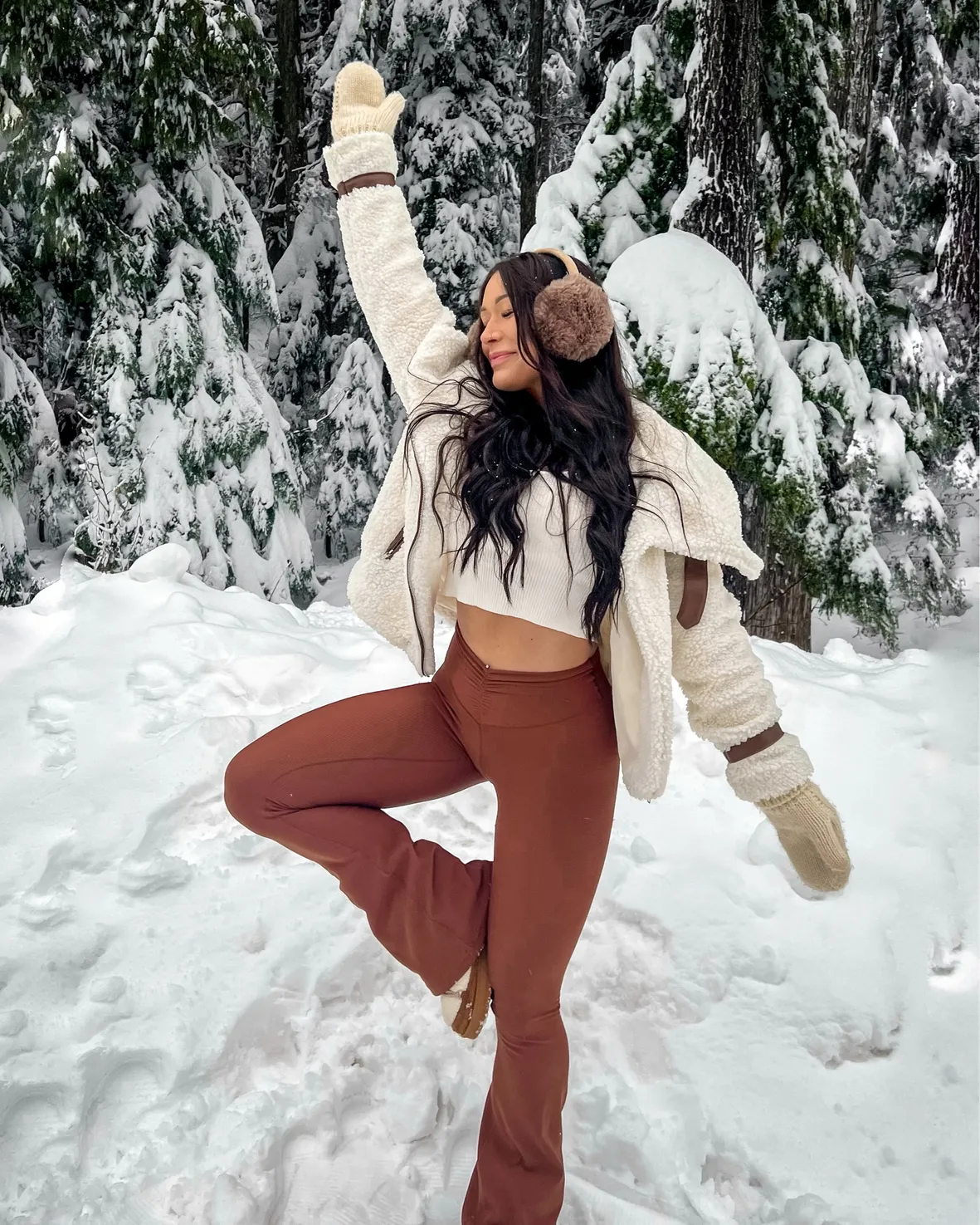 Textured Cream Jacket and Flare Trousers for Winter Outdoors — Snow Day Outfits