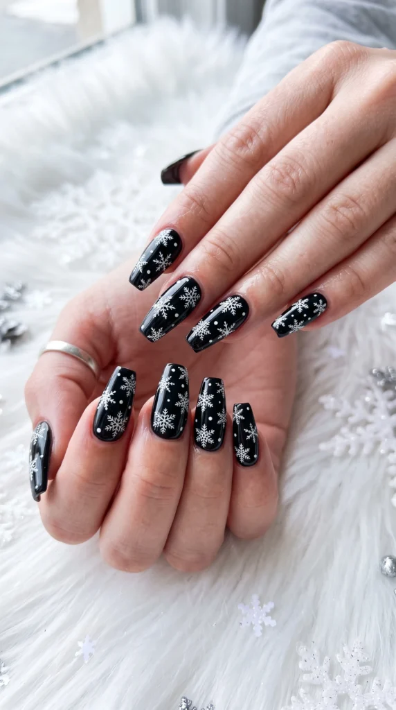 Glossy Black Snowflake Coffin Nails Glossy Black Snowflake Coffin Nails — Winter Coffin Nails