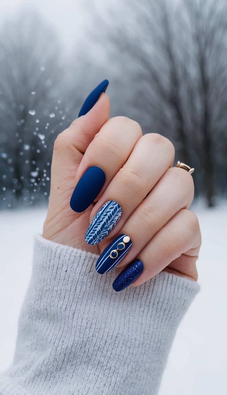 Navy Matte With Knit Line Art Navy Matte With Knit Line Art — Winter Matte Nails