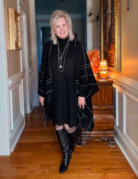Plaid Poncho Over Black Turtleneck Dress Plaid Poncho Over Black Turtleneck Dress — Casual Winter Outfits