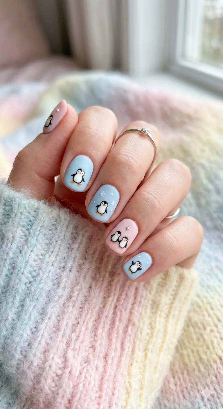 Penguin Pals on Pastel Oval Nails Penguin Pals on Pastel Oval Nails — Winter Nails for Kids