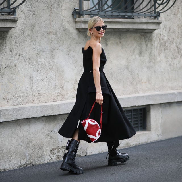 High-Fashion Statement with Platform Boots and Strapless Dress High-Fashion Statement with Platform Boots and Strapless Dress — Combat Boots Outfits