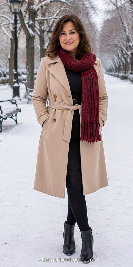 Elegant Beige Trench Coat Over Black Dress with Burgundy Scarf Accent Elegant Beige Trench Coat Over Black Dress with Burgundy Scarf Accent — Winter Outfits for Women Over 60