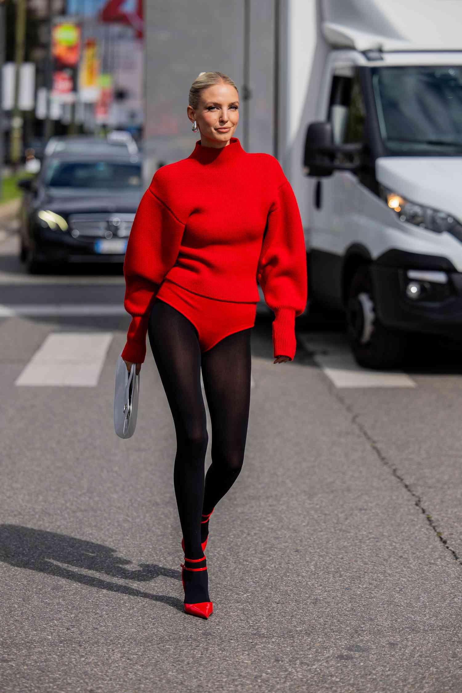 Statement Red Sweater with Black Tights Statement Red Sweater with Black Tights — Tights Outfits