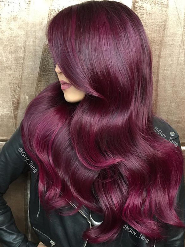 Deep Plum Curls With Side-Swept Bangs Deep Plum Curls With Side-Swept Bangs — Deep Winter Hair Color