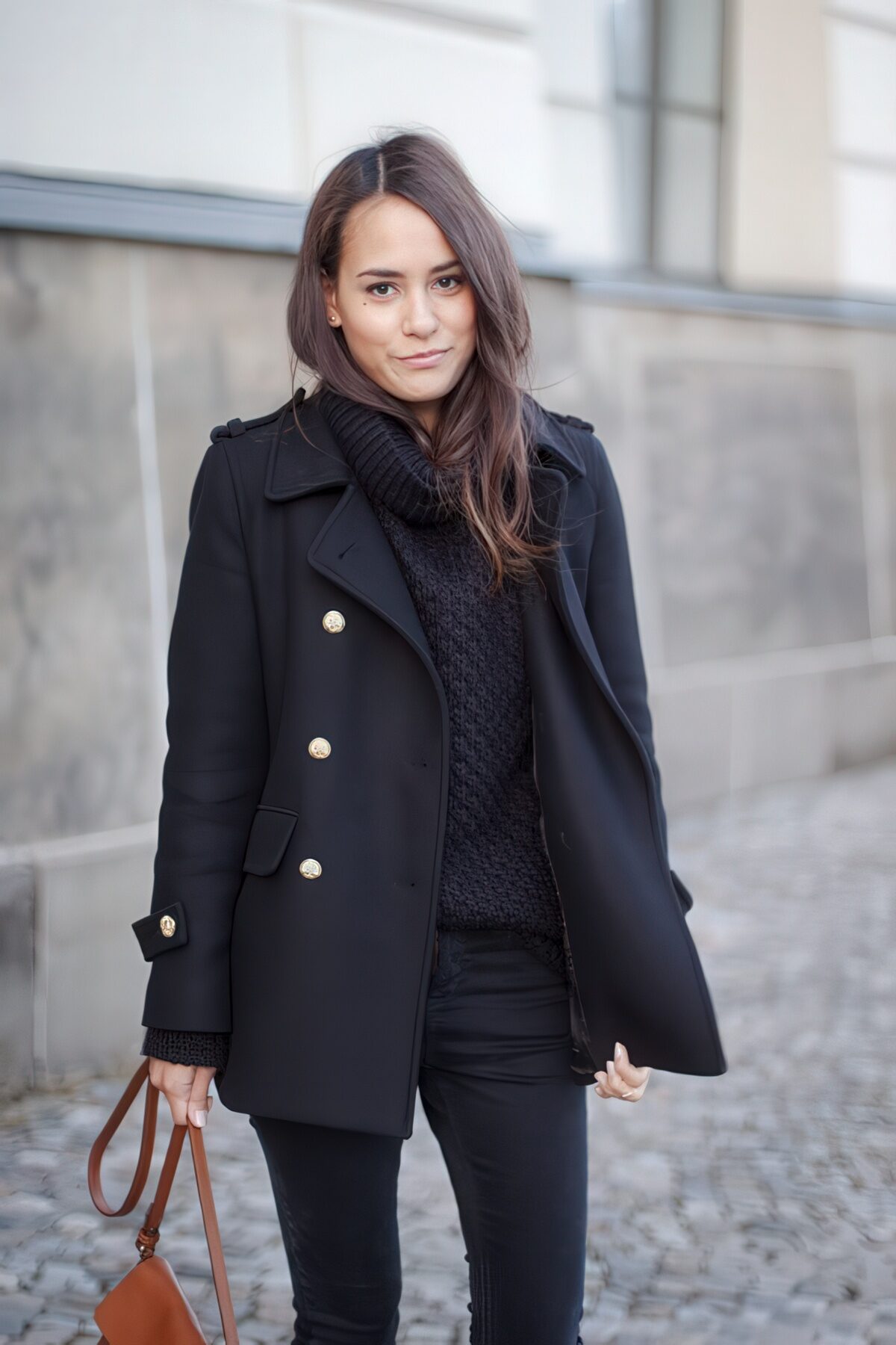Classic Peacoat Style with Gold Accents — Black Coat Outfits