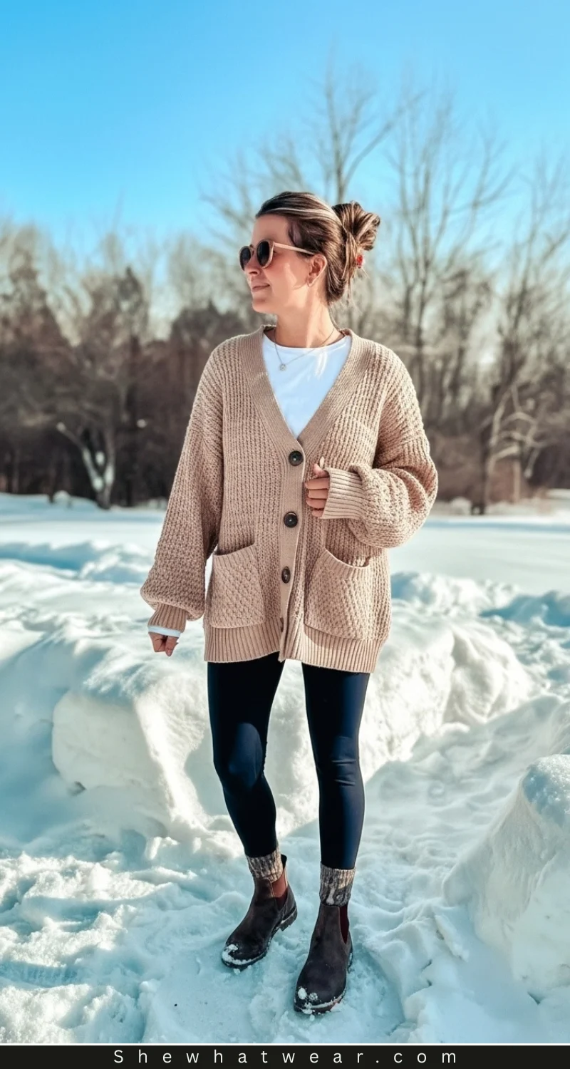 Chunky Knit Cardigan and White Tee with Navy Leggings Chunky Knit Cardigan and White Tee with Navy Leggings — Winter Outfits with Leggings