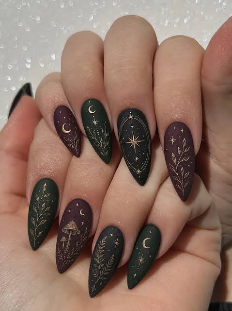 Matte Green Plum Celestial Motifs Matte Green Plum Celestial Motifs — Dark Winter Nails