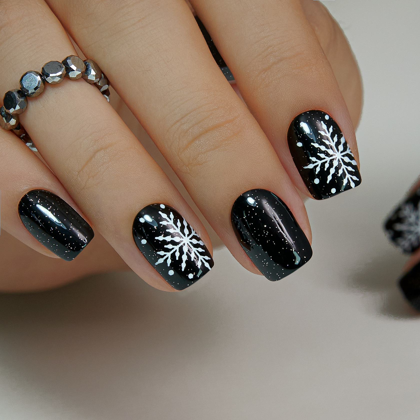 Black Glitter Starry Night Snowflake Nails Black Glitter Starry Night Snowflake Nails