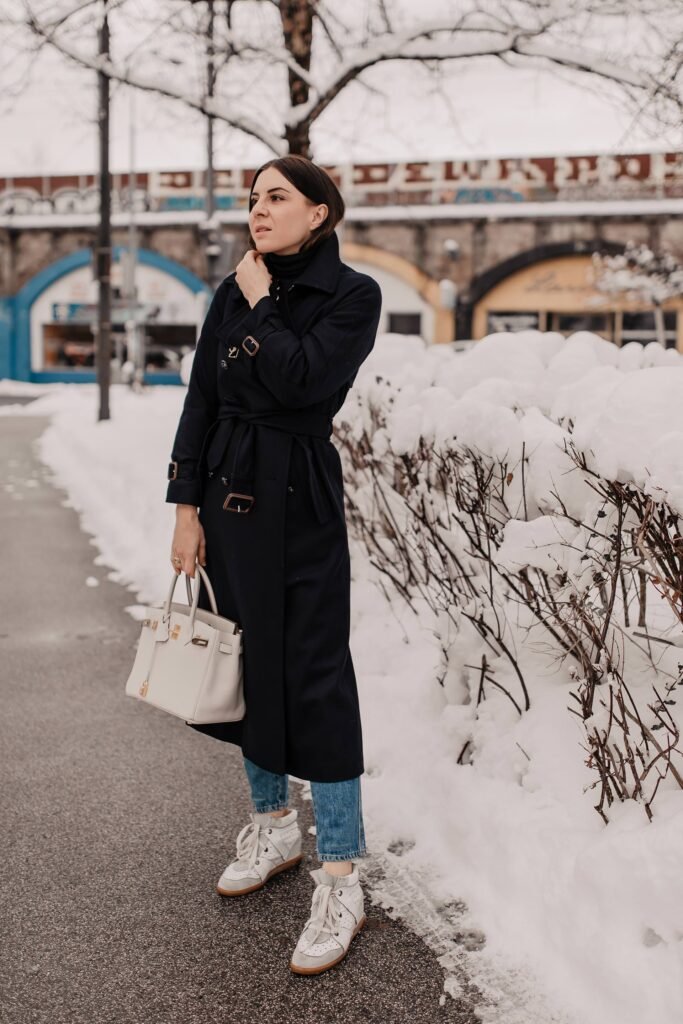 Navy Trench Coat with White Sneakers Navy Trench Coat with White Sneakers — Old Money Winter Outfits