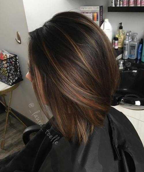 Straight Medium Density Chin Length Bob With Subtle Caramel Highlights — Dark Chocolate Brown Hair