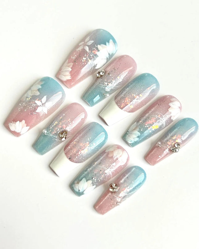 Pastel Gradient Floral Glitter French Coffin Nails Pastel Gradient Floral Glitter French Coffin Nails — coffin nail designs