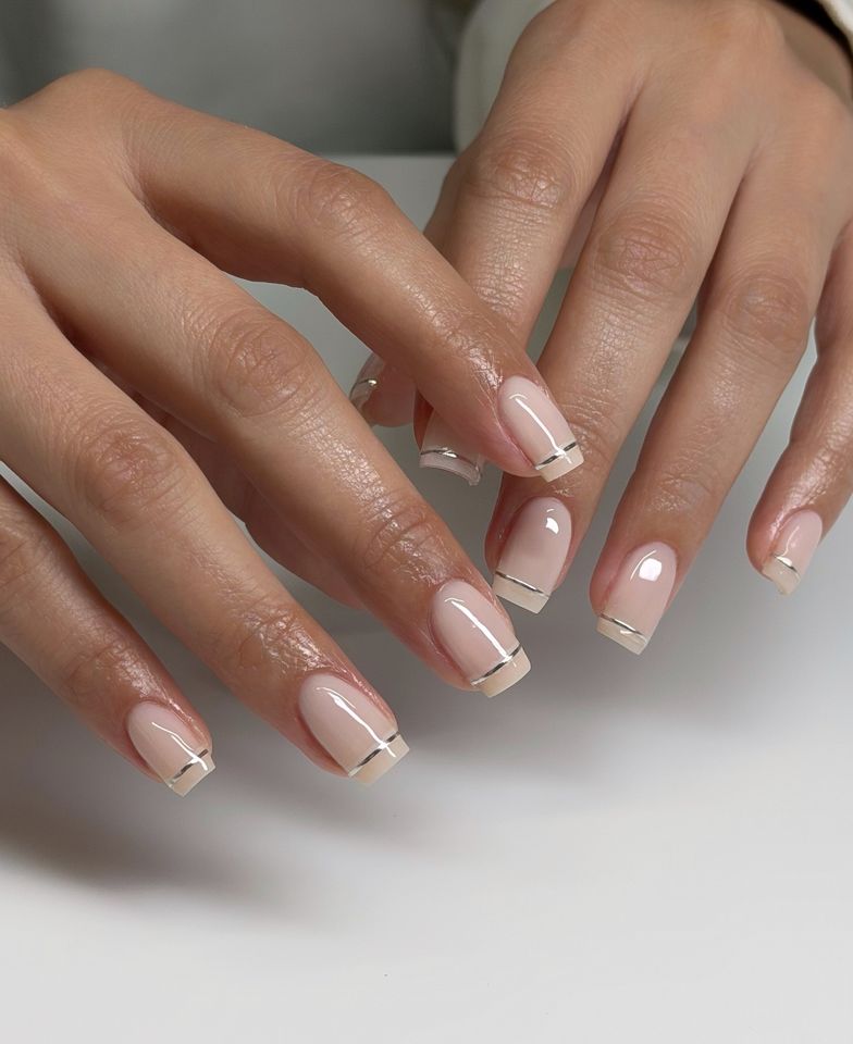Nude Beige French with Silver Lines Nude Beige French with Silver Lines — trendy simple nail designs