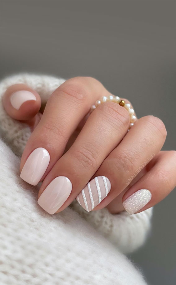 Pale Pink with White Stripes and Glitter Pale Pink with White Stripes and Glitter — simple nail designs