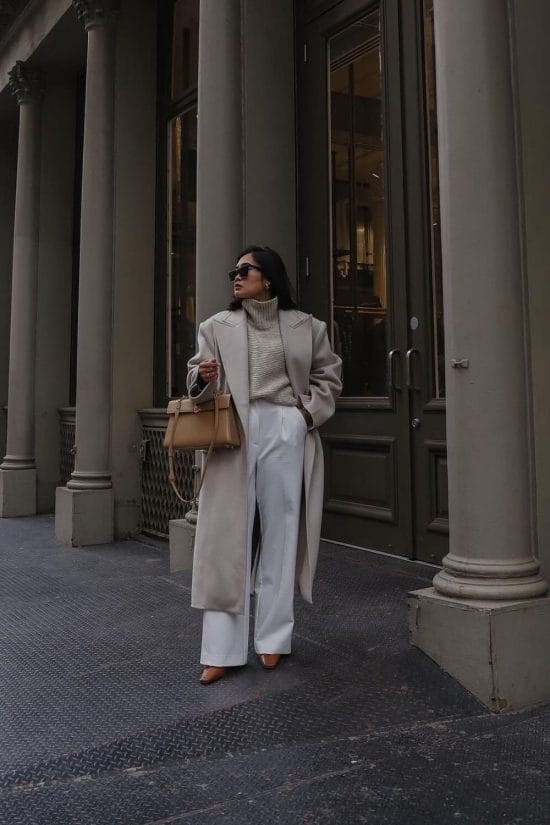 Beige Turtleneck and Wide-Leg Trousers with a Light Grey Coat — NYC Winter Outfits