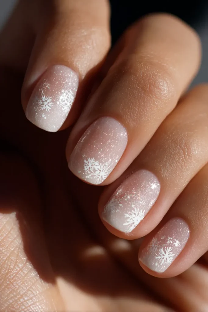 Delicate Sheer Pink Snowflake Nails Delicate Sheer Pink Snowflake Nails
