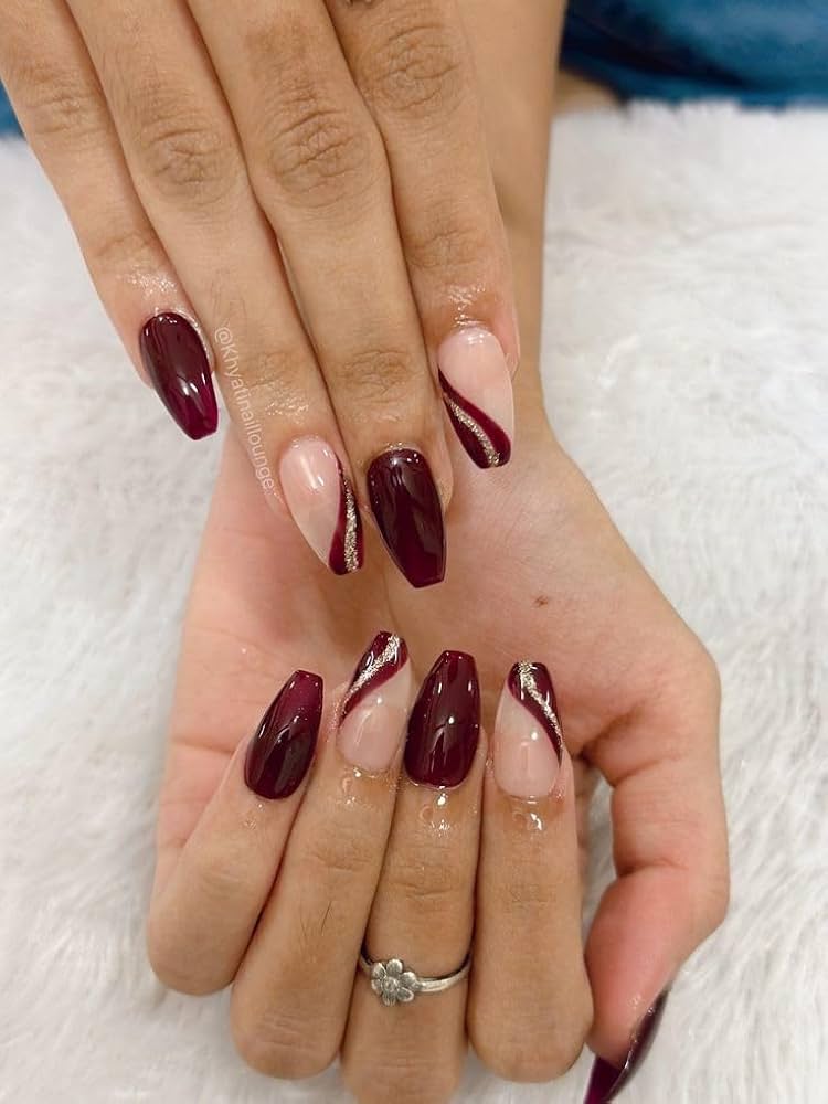 Burgundy and Nude Glitter Line Coffin Nails Burgundy and Nude Glitter Line Coffin Nails — coffin nail designs