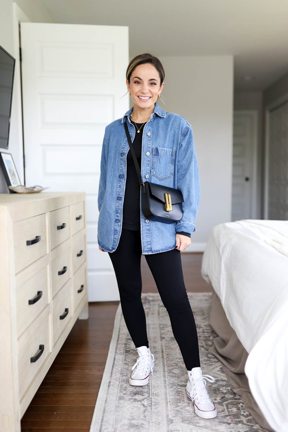 Casual Denim Shirt with Black Leggings Casual Denim Shirt with Black Leggings — Tights Outfits