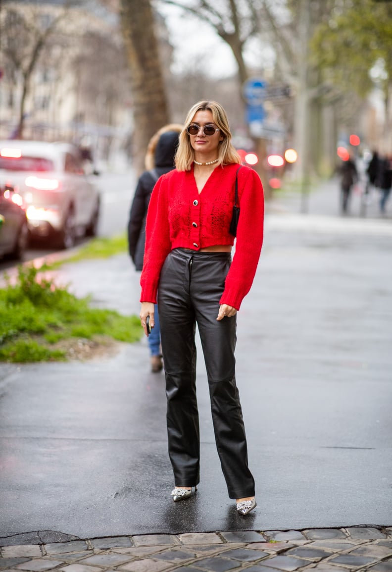 Vibrant Red Cropped Cardigan with Leather Pants and Snakeskin Heels — Cardigan Outfits