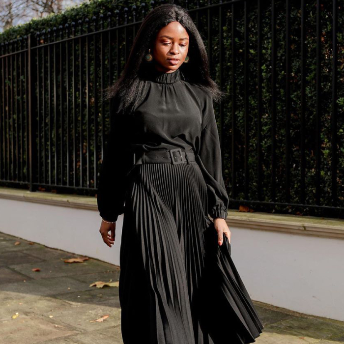 Monochromatic Black Pleated Midi Skirt Ensemble for Winter Formality Monochromatic Black Pleated Midi Skirt Ensemble for Winter Formality — Winter Wedding Guest Outfits