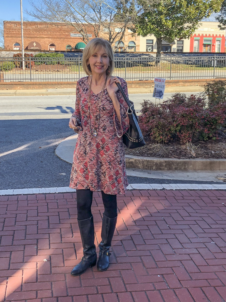 Patterned Dress and Boots for a Winter Day Patterned Dress and Boots for a Winter Day — Winter Outfits for Women Over 50