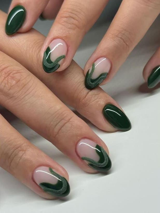 Sheer Pink with Wavy Dark Green French Tips Sheer Pink with Wavy Dark Green French Tips — green nail designs