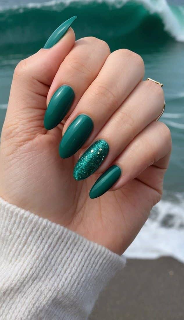 Deep Teal Green Glitter Accent Almonds Deep Teal Green Glitter Accent Almonds — almond nail designs