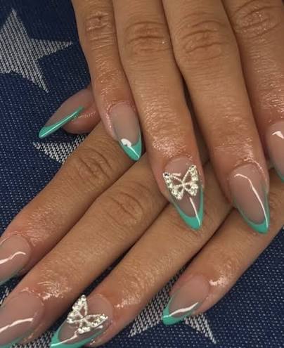 Teal French Tip Almond with Butterfly Art — trendy almond nail designs
