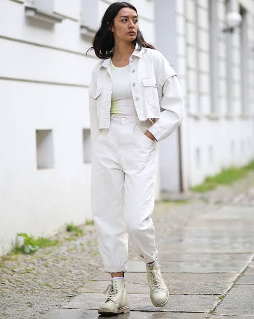 Monochromatic White Denim Set with Lace-Up Boots — Winter White Outfits