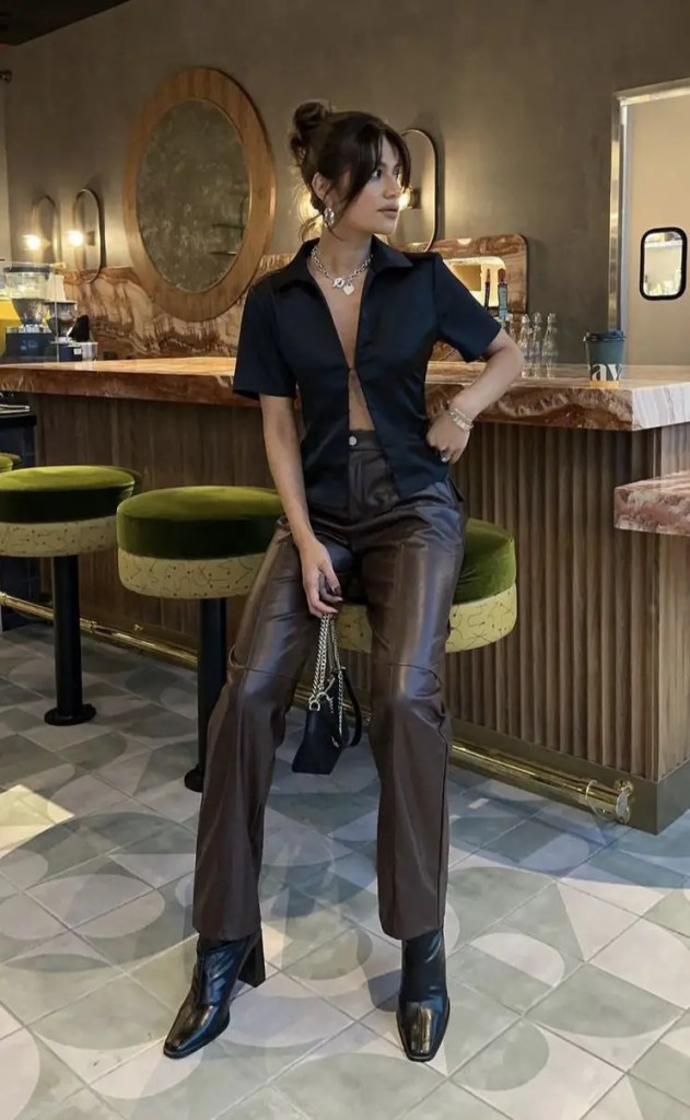 Edgy Night Out: Brown Leather Pants with a Cut-Out Shirt — Leather Pants Outfits