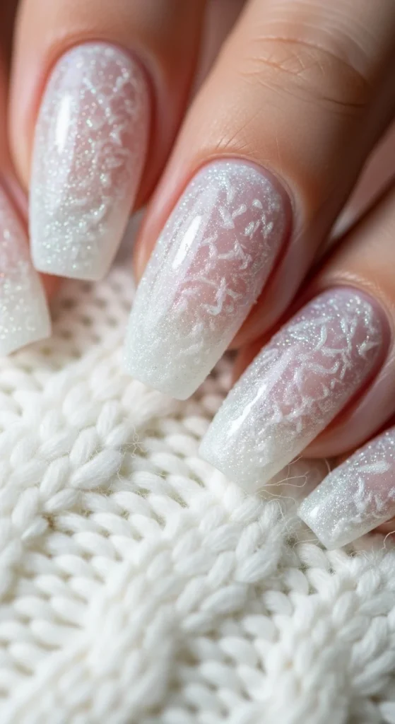 Glittery White Gradient Coffin Nails with Snowflakes Glittery White Gradient Coffin Nails with Snowflakes — Winter Nail Colors
